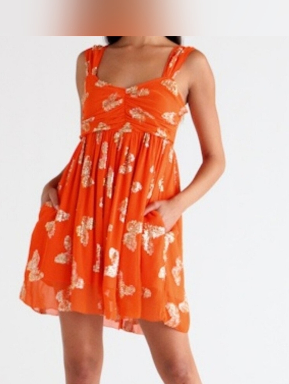 NWOT Ciebon Jodie Metallic Shimmer Butterfly Babydoll Mini Dress Orange Medium